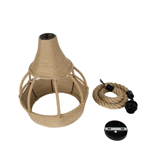 GloboStar® KUBRIC 01605 Boho Κρεμαστό Φωτιστικό Καμπάνα Μονόφωτο 1 x E27 IP20 Μπεζ Σχοινί - Μ30 x Π30 x Y40cm