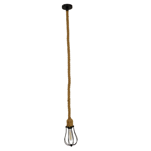GloboStar® CAMBER 01594 Vintage Κρεμαστό Φωτιστικό Πλέγμα Μονόφωτο 1 x E27 IP20 Μαύρο Μέταλλο με Μπεζ Σχοινί - Μ11 x Π11 x Υ25cm