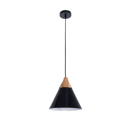 GloboStar® SHADE 00906 Μοντέρνο Κρεμαστό Φωτιστικό Καμπάνα Μονόφωτο 1 x E27 IP20 Μαύρο Μέταλλο με Μπεζ Ξύλο - Μ23 x Π23 x Υ22cm