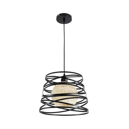 GloboStar® CARTER 00961 Μοντέρνο Κρεμαστό Φωτιστικό Πλέγμα Μονόφωτο 1 x E27 IP20 Μαύρο Μέταλλο με Μπεζ Σχοινί - Μ32 x Π32 x Υ25cm
