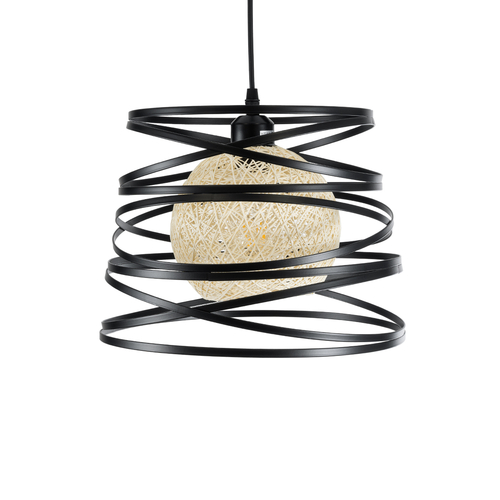 GloboStar® CARTER 00961 Μοντέρνο Κρεμαστό Φωτιστικό Πλέγμα Μονόφωτο 1 x E27 IP20 Μαύρο Μέταλλο με Μπεζ Σχοινί - Μ32 x Π32 x Υ25cm