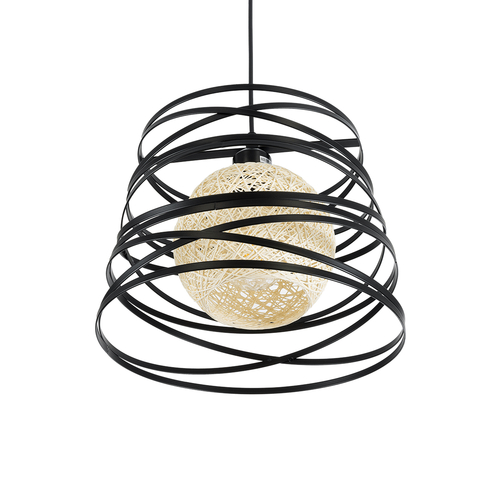 GloboStar® CARTER 00961 Μοντέρνο Κρεμαστό Φωτιστικό Πλέγμα Μονόφωτο 1 x E27 IP20 Μαύρο Μέταλλο με Μπεζ Σχοινί - Μ32 x Π32 x Υ25cm