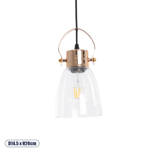 GloboStar® JAVER 00934 Vintage Κρεμαστό Φωτιστικό Καμπάνα Μονόφωτο 1 x E27 IP20 Διάφανο Γυαλί με Χάλκινο Μέταλλο - Μ14.5 x Π14.5 x Υ28cm