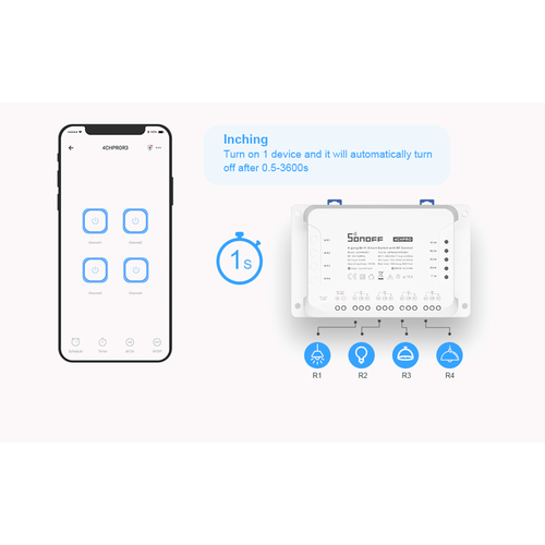 GloboStar® 80010 SONOFF 4CHR3 - Wi-Fi Smart Switch DIY Four Way 4 Gang - 4 Output Channel