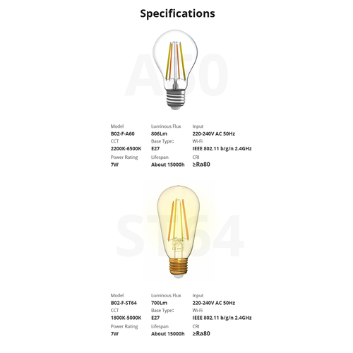 GloboStar® 80028 SONOFF B02-F-ST64-R2 - Wi-Fi Smart LED Filament Bulb E27 ST64 7W 700lm AC 220-240V CCT Change from 1800K to 5000K Dimmable