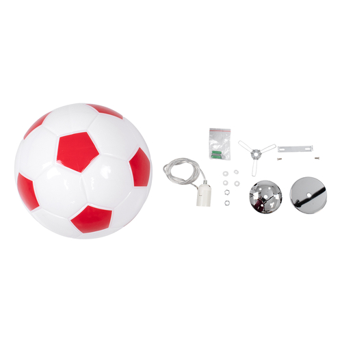 GloboStar® FOOTBALL 00646 Παιδικό Κρεμαστό Φωτιστικό Μπάλα Μονόφωτο 1 x E27 IP20 Λευκό & Κόκκινο Γυαλί - Μ25 x Π25 x Υ25cm