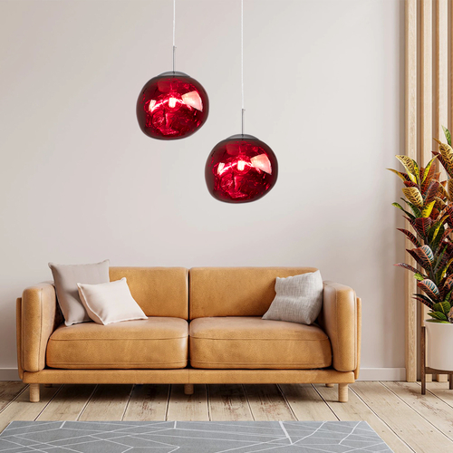 GloboStar® DIXAR 00762 Μοντέρνο Κρεμαστό Φωτιστικό Ανάρτηση Μονόφωτο 1 x E27 IP20 Κόκκινο Γυαλί με Ασημί Μέταλλο - Μ28 x Π28 x Υ40cm