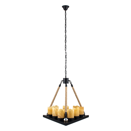 GloboStar® DOME 10001021 Vintage Κρεμαστό Φωτιστικό Ανάρτηση Πολύφωτο 9 x E27 Μαύρο Μέταλλο, Μπεζ Σχοινί με Μπεζ Όνυχα - Μ68 x Π60 x Υ50cm