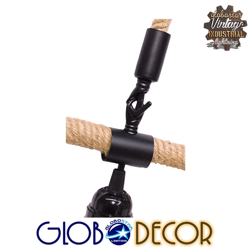 GloboStar® MALVERN 10001240 Vintage Κρεμαστό Φωτιστικό Ανάρτηση Μονόφωτο 1 x E27 IP20 Μαύρο Μέταλλο με Μπεζ Σχοινί - Μ33 x Π22 x Υ33cm