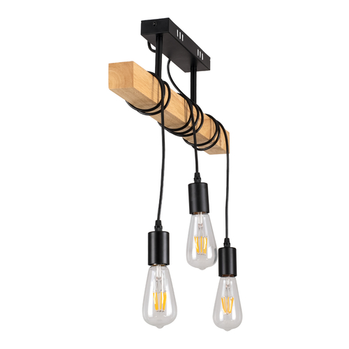 GloboStar® JOLLY 00605 Vintage Κρεμαστό Φωτιστικό Ανάρτηση Τρίφωτο 3 x E27 IP20 Μαύρο Μέταλλο, Καφε Ξύλο με Μαύρο Πλαστικό - Μ55 x Π6 x Υ30cm έως Y115cm max