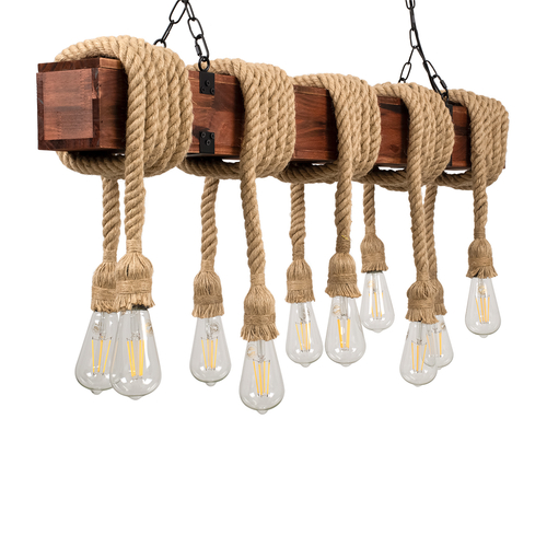 GloboStar® VIKING 00607 Vintage Κρεμαστό Φωτιστικό Ανάρτηση Πολύφωτο 10 x E27 Μαύρο Μέταλλο, Καφε Ξύλο με Μπεζ Σχοινί - Μ108 x Π11 x Υ96cm έως Y220cm max