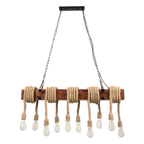 GloboStar® VIKING 00607 Vintage Κρεμαστό Φωτιστικό Ανάρτηση Πολύφωτο 10 x E27 Μαύρο Μέταλλο, Καφε Ξύλο με Μπεζ Σχοινί - Μ108 x Π11 x Υ96cm έως Y220cm max