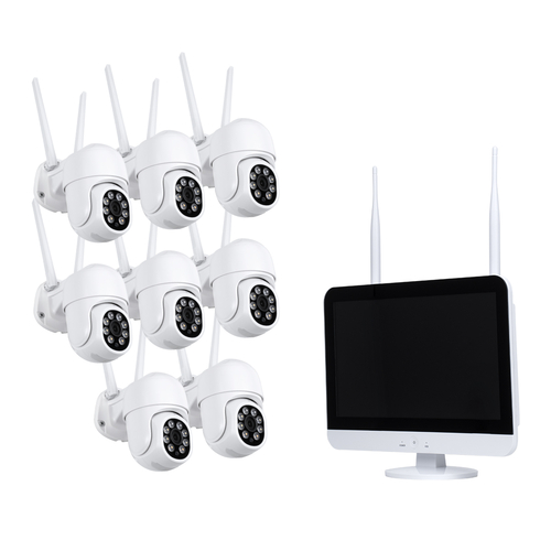 GloboStar® 86042 Ασύρματο Καταγραφικό με Οθόνη - 8 x Camera 2MP 1080P WiFi  360° Μοιρών - Αδιάβροχο IP66 - Νυχτερινή Όραση με LED IR - Διπλή Κατέυθυνση Ομιλίας - Ανιχνευτή Κίνησης - Νυχτερινή Λήψη - Λευκό