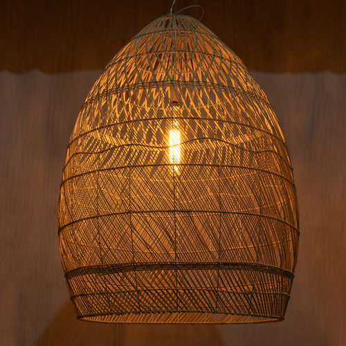 GloboStar® MALIBU 01812 Boho Κρεμαστό Φωτιστικό Καμπάνα Μονόφωτο 1 x E27 IP20 Μπεζ Ξύλο - Μ95 x Π95 x Υ125cm