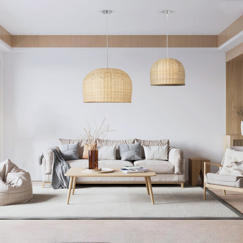 GloboStar® BERMUDA 01708 Boho Κρεμαστό Φωτιστικό Καμπάνα Μονόφωτο 1 x E27 IP20 Μπεζ Ξύλο - Μ31 x Π31 x Y22cm