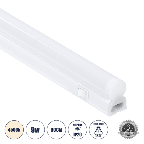GloboStar® TUBO 60788 Γραμμικό Φωτιστικό Οροφής Linear LED Τύπου T5 Επεκτεινόμενο 9W 882lm 180° AC 220-240V IP20 Πάγκου Κουζίνας με Διακόπτη On/Off Μ60 x Π2.2 x Υ3.5cm Φυσικό Λευκό 4500K - Λευκό - 3 Years Warranty