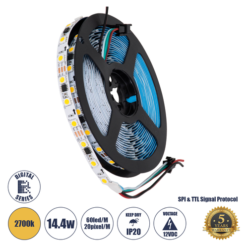 GloboStar® 90588 Digital Pixel Addressable Strip 3 PIN - Ψηφιακή Ταινία LED SMD 5050 14.4W/m 60LED/m 20PIXEL/m SPI/TTL Protocol IC WS2811/UCS16703 1296lm/m 120° DC 12V IP20 Θερμό Λευκό 2700K - Λευκό Σώμα - Μ5000 x Π10 x Υ2mm - Συσκευασία 5 Μέτρων - 5 Χρόνια Εγγύηση