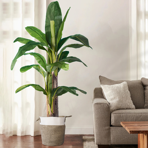 GloboStar® Artificial Garden CHALKI 20200 Διακοσμητικό Πλεκτό Καλάθι - Κασπώ Γλάστρα - Flower Pot  Μπεζ Σκούρο με Λευκό Π35cm x Υ40cm