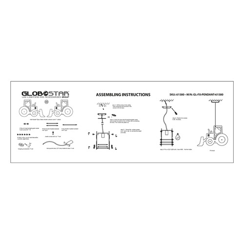 GloboStar® TRACTOR 61580 Παιδικό Κρεμαστό Φωτιστικό Φιγούρα Μονόφωτο 1 x E27 IP20 Μπλε, Μαύρο & Λευκό Πλαστικό - Μ40 x Π15.5 x Υ26.5cm