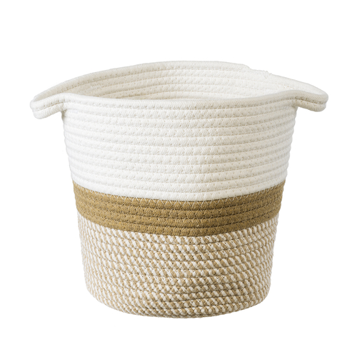 GloboStar® Artificial Garden ITHAKI 20324 Διακοσμητικό Πλεκτό Καλάθι - Κασπώ Γλάστρα - Flower Pot Καφέ με Λευκό Φ25cm x Υ25cm