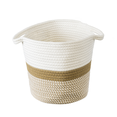 GloboStar® Artificial Garden ITHAKI 20324 Διακοσμητικό Πλεκτό Καλάθι - Κασπώ Γλάστρα - Flower Pot Καφέ με Λευκό Φ25cm x Υ25cm