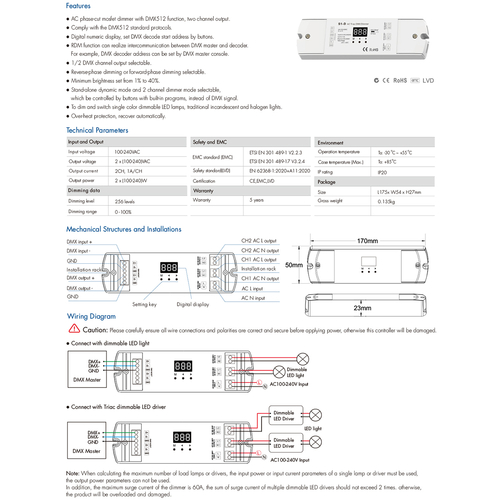 GloboStar® 70671 S1-D SKYDANCE AC Triac DMX Dimmer 2 Καναλιών AC 100-240V 2 x 1A 240W - Max 2A 480W - IP20 Μ16.7 x Π5 x Υ2.4cm - 5 Years Warranty