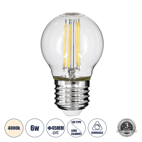 GloboStar® 99052 Λάμπα LED Long Filament E27 G45 Γλομπάκι 6W 660lm 360° AC 220-240V IP20 Φ4.5 x Υ7.5cm Φυσικό Λευκό 4000K με Διάφανο Γυαλί - Dimmable - 3 Years Warranty