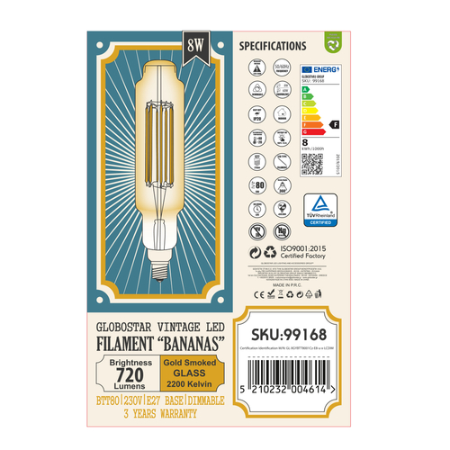 GloboStar® 99168 Λάμπα LED Long Filament E27 BTT80 BANANAS Γλόμπος 8W 720lm 360° AC 220-240V IP20 Φ7.8 x Υ34.5cm Ultra Θερμό Λευκό 2200K με Μελί Γυαλί - Dimmable - 3 Χρόνια Εγγύηση