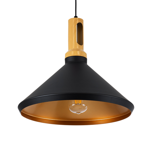 GloboStar® CALYPSO 01334-A Μοντέρνο Κρεμαστό Φωτιστικό Καμπάνα Μονόφωτο 1 x E27 IP20 Μαύρο & Χρυσό Μέταλλο με Μπεζ Ξύλο - Μ36 x Π36 x Υ30cm