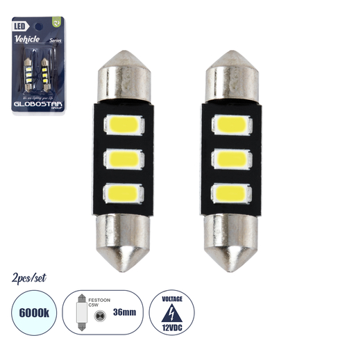 GloboStar® C5W 81302-B Λάμπες Αυτοκινήτου LED 36mm FESTOON - 3xSMD5630 1.5W 225lm 120° DC 12-16V IP20 Μ3.6 x Π0.9 x Υ0.9cm Ψυχρό Λευκό 6000K - Σετ 2 Τεμαχίων σε Blister GloboStar® C5W 81302-B Λάμπες Αυτοκινήτου LED 36mm FESTOON - 3xSMD5630 1.5W 225lm 120° DC 12-16V IP20 Μ3.6 x Π0.9 x Υ0.9cm Ψυχρό Λευκό 6000K - Σετ 2 Τεμαχίων σε Blister