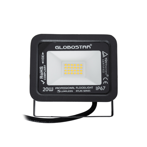 GloboStar® ATLAS 61412 Επαγγελματικός Προβολέας LED 20W 2300lm 120° AC 220-240V - Αδιάβροχος IP67 - Μ12 x Π2.5 x Υ9.5cm - Μαύρο - Θερμό Λευκό 2700K - LUMILEDS Chips - TÜV Rheinland Certified - 5 Years Warranty