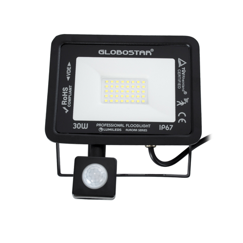 GloboStar® AURORA 61439 Επαγγελματικός Προβολέας LED 30W 3750lm 120° AC 220-240V με Ενσωματωμένο Ρυθμιζόμενο Αισθητήρα Κίνησης PIR - Αδιάβροχος IP67 - Μ16 x Π5 x Υ17.5cm - Μαύρο - Ψυχρό Λευκό 6000K - LUMILEDS Chips - TÜV Rheinland Certified - 3 Years Warranty