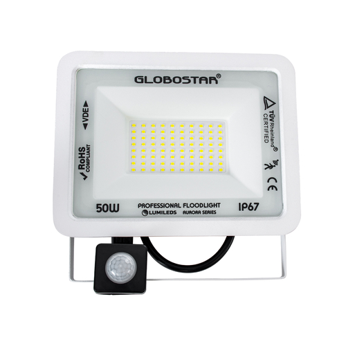 GloboStar® AURORA 61442 Επαγγελματικός Προβολέας LED 50W 6250lm 120° AC 220-240V με Ενσωματωμένο Ρυθμιζόμενο Αισθητήρα Κίνησης PIR - Αδιάβροχος IP67 - Μ21 x Π5 x Υ21cm - Λευκό - Ψυχρό Λευκό 6000K - LUMILEDS Chips - TÜV Rheinland Certified - 3 Years Warranty