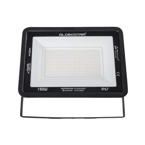 GloboStar® ATLAS 61430 Επαγγελματικός Προβολέας LED 150W 17250lm 120° AC 220-240V - Αδιάβροχος IP67 - Μ32 x Π4 x Υ23cm - Μαύρο - Θερμό Λευκό 2700K - LUMILEDS Chips - TÜV Rheinland Certified - 5 Years Warranty