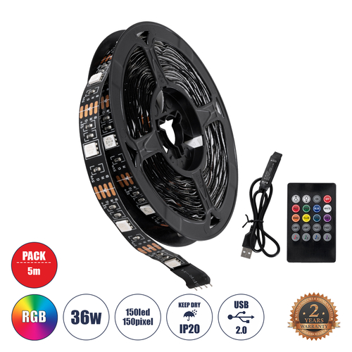 GLOBOSTAR® DIGISTRIP 90757 Σετ Ψηφιακής Pixel Addressable Ταινίας με IR Ασύρματο Χειριστήριο LED 36W/5m 2880lm/m 120° DC 5V με USB 2.0 IP20 150 x SMD 5050 Chip/5m 150 x Pixel/5m Πολύχρωμο RGB Dimmable SPI/TTL Protocol - Μ500 x Π1 x Υ0.2cm - Ρολό 5 Μέτρων - 5 Χρόνια Εγγύηση