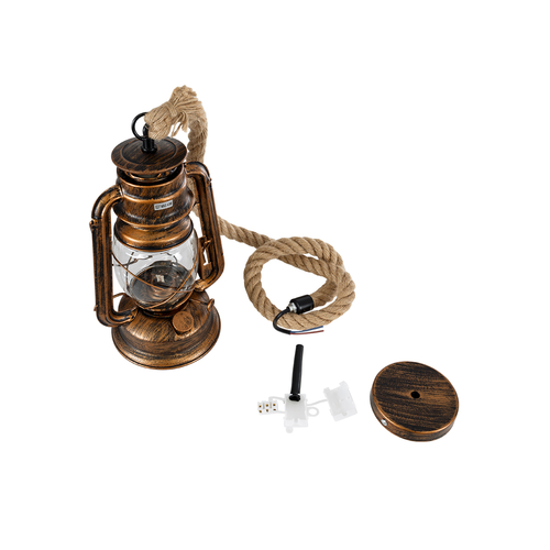 GloboStar® BARBAROSSA 01706 Vintage Κρεμαστό Φωτιστικό Ανάρτηση Μονόφωτο 1 x E27 IP20 Χάλκινο Μέταλλο, Διάφανο Γυαλί με Μπεζ Σχοινί - Μ18 x Π18 x Υ28cm