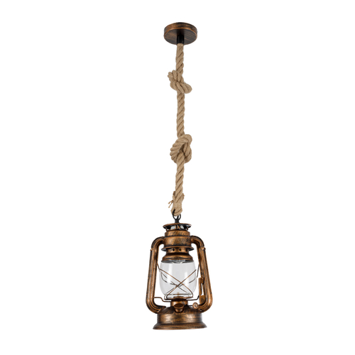 GloboStar® BARBAROSSA 01706 Vintage Κρεμαστό Φωτιστικό Ανάρτηση Μονόφωτο 1 x E27 IP20 Χάλκινο Μέταλλο, Διάφανο Γυαλί με Μπεζ Σχοινί - Μ18 x Π18 x Υ28cm