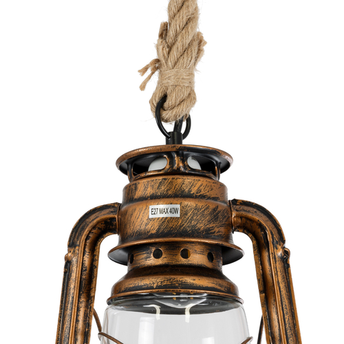 GloboStar® BARBAROSSA 01706 Vintage Κρεμαστό Φωτιστικό Ανάρτηση Μονόφωτο 1 x E27 IP20 Χάλκινο Μέταλλο, Διάφανο Γυαλί με Μπεζ Σχοινί - Μ18 x Π18 x Υ28cm