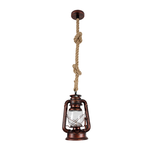 GloboStar® BARBAROSSA 01707 Vintage Κρεμαστό Φωτιστικό Ανάρτηση Μονόφωτο 1 x E27 IP20 Χάλκινο Μέταλλο, Διάφανο Γυαλί με Μπεζ Σχοινί - Μ18 x Π18 x Υ28cm