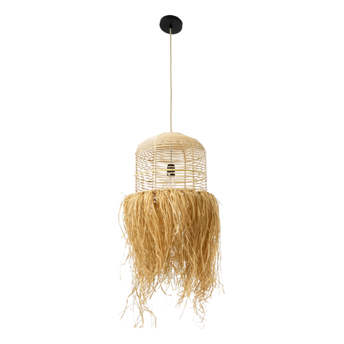GloboStar® BASSETERRE 02162 Boho Κρεμαστό Φωτιστικό Πλεγμα Μονόφωτο 1 x E27 IP20 Μπεζ Ξύλο - Μ35 x Π35 x Υ60cm