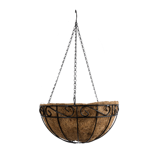 GloboStar® Artificial Garden KARYSTOS 20564 Κρεμαστό Διακοσμητικό Κασπώ Γλάστρα - Flower Pot από Φλοιό Καρύδας Καφέ με Μαύρη Μεταλλική Βάση Φ35 x Υ18cm