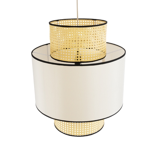 GloboStar® SAIGE 01917 Boho Κρεμαστό Φωτιστικό Πλέγμα Μονόφωτο 1 x E27 IP20 Μπεζ Ξύλο με Μπεζ & Μαύρο Ύφασμα - Μ50 x Π50 x Υ60cm
