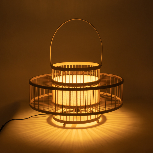 GloboStar® SORENIA 02003 Boho Επιδαπέδιο Φωτιστικό Μονόφωτο 1 x E27 IP20 Μπεζ Ξύλο - Μ48 x Π48 x Υ27cm