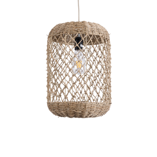 GloboStar® ECUADOR 02117 Boho Κρεμαστό Φωτιστικό Πλέγμα Μονόφωτο 1 x E27 IP20 Μπεζ Rattan - Μ28 x Π28 x Υ40cm