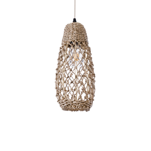 GloboStar® ECUADOR 02119 Boho Κρεμαστό Φωτιστικό Πλέγμα Μονόφωτο 1 x E27 IP20 Μπεζ Rattan - Μ15 x Π15 x Υ35cm