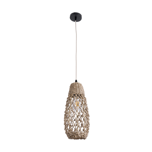 GloboStar® ECUADOR 02119 Boho Κρεμαστό Φωτιστικό Πλέγμα Μονόφωτο 1 x E27 IP20 Μπεζ Rattan - Μ15 x Π15 x Υ35cm