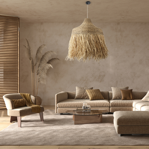 GloboStar® PORTOFERRAIO 02186 Boho Κρεμαστό Φωτιστικό Πλέγμα Μονόφωτο 1 x E27 IP20 Μπεζ Ράφια - Μ80 x Π80 x Υ120cm