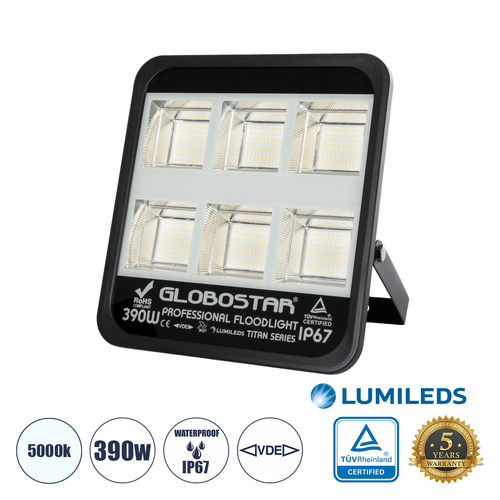 GloboStar® TITAN 61435 Επαγγελματικός Προβολέας για Γήπεδα Tennis & Ποδοσφαίρου 5x5 LED 390W 48750lm 60°x90° FishEye AC 220-240V - Αδιάβροχος IP67 - Μ32 x Π8 x Υ35cm - Μαύρο - Φυσικό Λευκό 5000K - LUMILEDS Chips - TÜV Rheinland Certified - 5 Χρόνια Εγγύηση