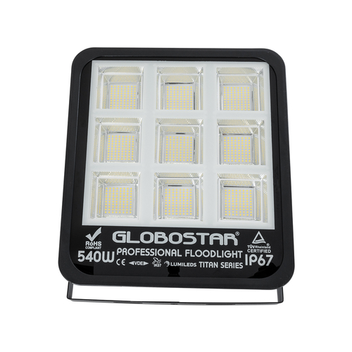 GloboStar® TITAN 61436 Επαγγελματικός Προβολέας για Γήπεδα Tennis & Ποδοσφαίρου 5x5 LED 540W 67500lm 60°x90° FishEye AC 220-240V - Αδιάβροχος IP67 - Μ38 x Π8 x Υ42cm - Μαύρο - Φυσικό Λευκό 5000K - LUMILEDS Chips - TÜV Rheinland Certified - 5 Χρόνια Εγγύηση