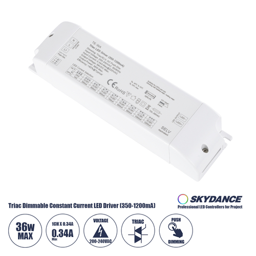 GloboStar® 73135 TE-36A SKYDANCE AC Triac Dimmable Constant Current LED Driver Push Dimming 1 Κανάλι AC 200-240V 1 x 0.34A 36W - Max 0.34A 36W - IP20 Μ17.5 x Π4.4 x Υ3cm - 5 Χρόνια Εγγύηση